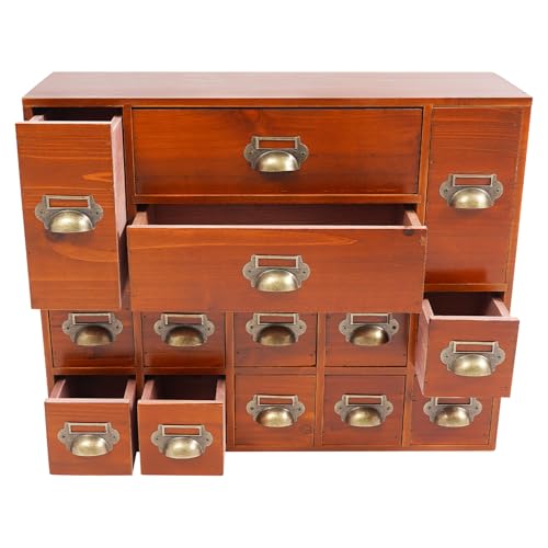 Vintage 14-Drawer Wooden Desk Organizer - Stackable Craft Storage Drawers - Rustic Desk Storage Box with Drawers - Multilevel Apothecary Cabinet - Ideal Home Office Organizers and Accessories - Brown