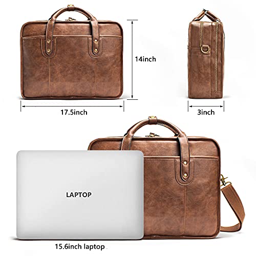 Leather Briefcase for Men - 15.6 Inch Business Laptop Bag - Water Resistant Vintage Messenger Bag - Brown
