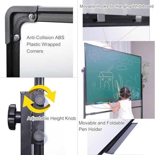 TRUNXUCL Double Sided White Board with Stand, Rolling Whiteboard on Wheels, Standing Dry Erase Board Magnetic, Adjustable Height(70x100cm/27.5x39in)