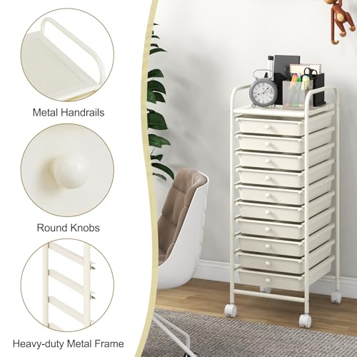 MEDIMALL 10 Drawers Rolling Storage Cart, Multipurpose Craft Storage Cart with Wheels, Mobile Tools Scrapbook Paper Organizer Cart for Office School Home Use