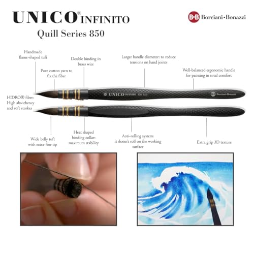 Borciani e Bonazzi Infinito Synthetic Mini Quill Watercolor Brush Series 855 - Size # 3x0, Patented Hidro Hair - Watercolor Art Brushes - Non-Slip, Anti-Roll Handle - Handcrafted in Italy