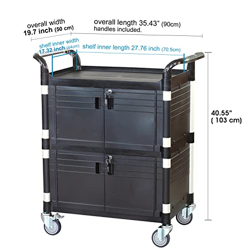 JaboEquip Double Lockable Door Medical Cart [ JaboEquip ] Cabinet Utility Cart with 2 Lockable Doors for Hospitality School Lab cart Service Cart, L34.43xD19.69 inch JABO cart, Black