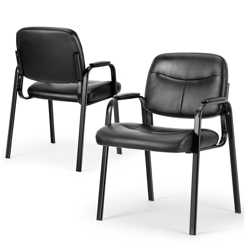 Simple Deluxe 2pcs Office Reception Guest Chair with Leather Padded Arm Rest, Comfort Waiting Seat Suitable for Lobby & Home Desk Side, Ergonomic Lounge Chair Designed for Seniors, Black
