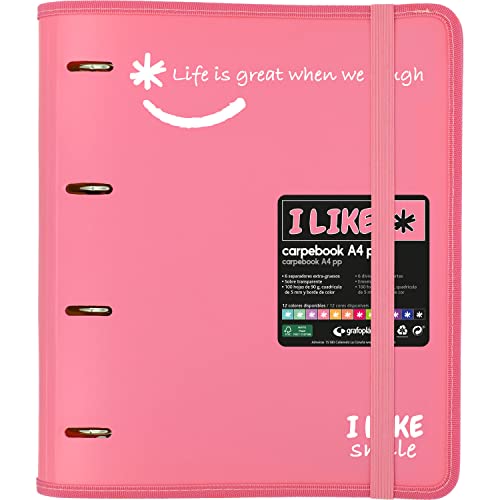 Grafoplás 88101853. 4 Die-Cut Ring Binder with Refill, A4, Light Pink, Semi-Rigid Polypropylene, Includes Dividers, Carpebook Like