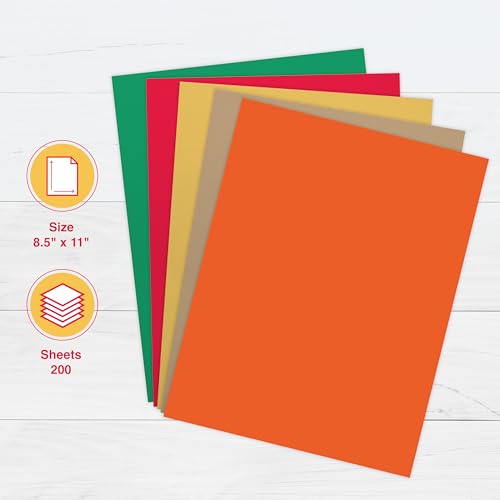 PrintWorks Autumn Cardstock 8.5" x 11" - 200 Sheets - 5 Assorted Fall Cardstock Colors - Ideal for School & Craft Projects - 67 lb/147 gsm & 65 lb/176 gsm - Made in the USA (00598)