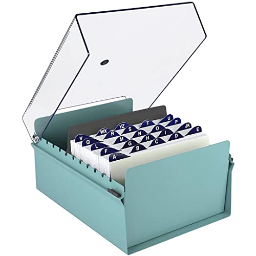 Acrimet 6 x 9 Card File Holder Organizer Box Metal Base Heavy Duty (AZ Index Cards and Divider Included) (Green Color with Crystal Plastic Lid Cover)