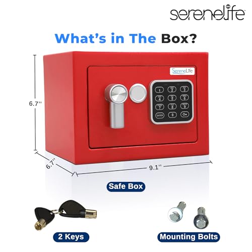 SereneLife Premium Steel Digital Safe Box - 9.1" x 6.7" x 6.7" | Secure Storage for Cash, Firearms & Jewelry | Great For Hotels, Cabinets & Home Use | Electronic & Mechanical Access | 2 Keys | Red
