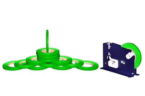 PSBM Green Poly Bag Sealing Tape with Dispenser, 6 Rolls, 2.3 Mil Thick, 3/8 Inch Wide, 180 Yards Per Roll, Total 1080 Yards, Sealer Tapes for Wrapping, Packaging & Sealing Food Products