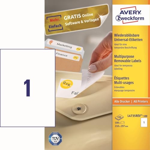 Avery Zweckform L4730REV-25 Universal Labels 100 Labels 100 Etiketten, 210 x 297 mm weiß (wiederablösbar)