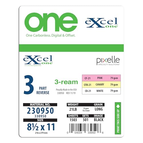 8.5 x 11 Excel One Carbonless Paper, (230950) 3 part Reverse (Bright Pink/Canary/White), 3 Reams, 501 Sets