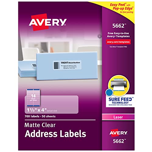 Avery® Printable Address Labels, Sure Feed® Technology, 1-1/3" x 4", Matte Clear, 700 Blank Mailing Labels (05662)