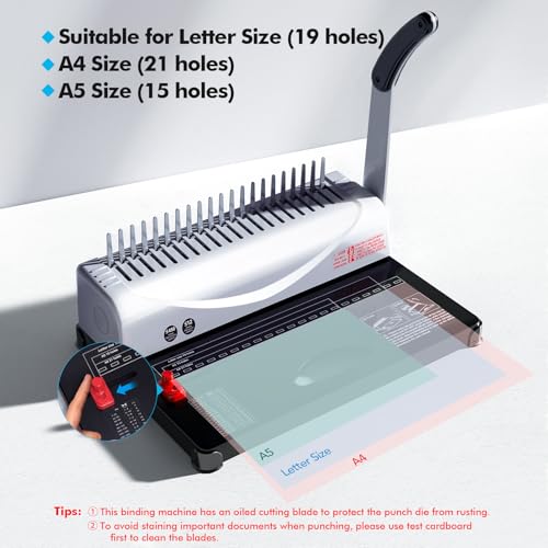 MAKEASY Comb Binding Machine - Punch 12 Sheet, Easy Punch No Jam, Heavy-Duty Metal Build, Book Binder for Office Reports & Home School Projects, Includes 100 Combs, Letter/A4/A5 Compatible