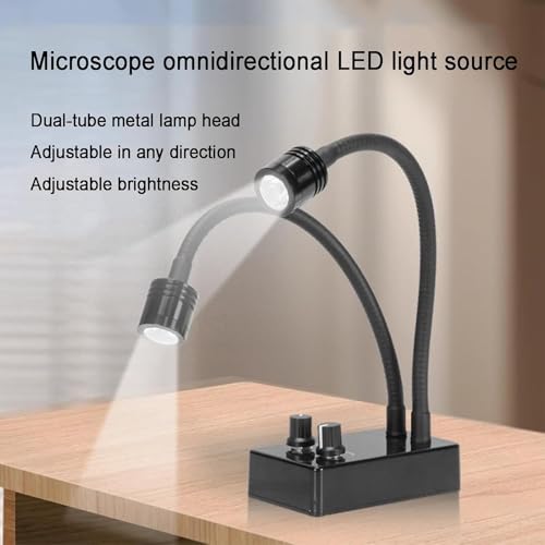 Lab Microscope Illuminator Lamp, LED Spot Light with Dual Gooseneck, Color Temperature 6500K, Stepless Brightness Adjustable, for Stereo Zoom Microscopio
