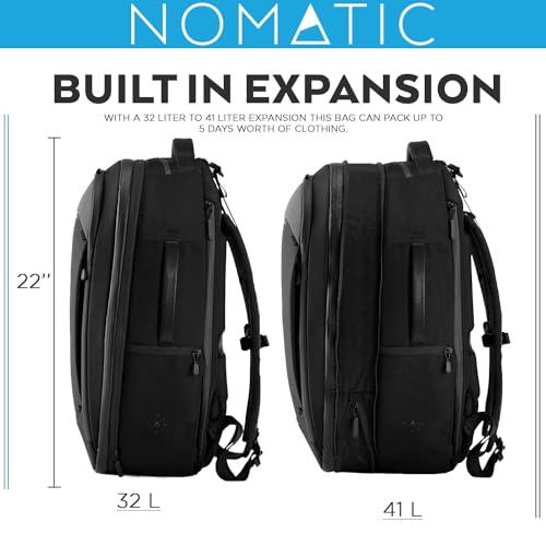 NOMATIC Navigator Travel Backpack - 32L Backpack with Laptop Compartment and 9L Built-In Expansion - Anti-Theft Carry-On Backpack for Travel - Water Resistant Travel Pack (Black)