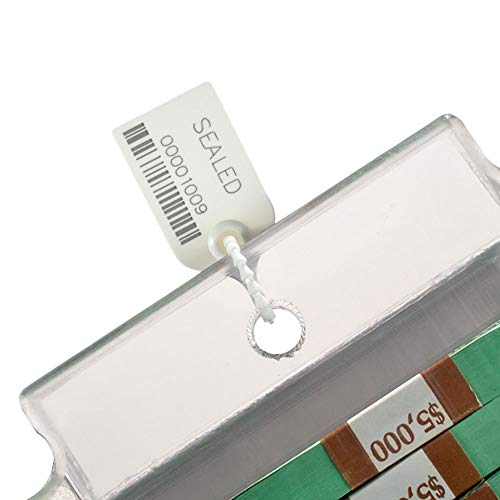 White Medium Duty Security Seals with Barcode 25 lb Break Strength High Density Plastic Zip Ties for ATM Cassettes Bags Totes and Cabinets