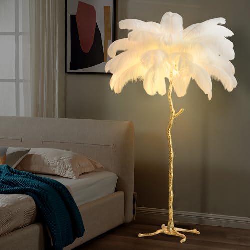 MAYOLA Luxury Resin Ostrich Feather Lamp, 35 Pieces Real Ostrich Feathers,Floor Lamp,for Living Room, Bedroom and Office 67” Tall Feather Lamp(White, Floor Lamp)