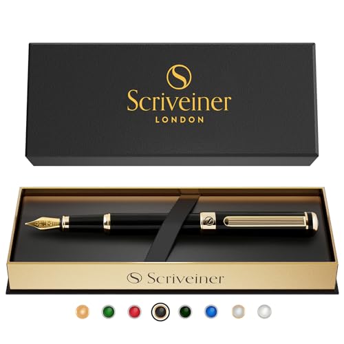 Scriveiner Luxury Fountain Pen - Stunning Black Lacquer Pen, Real Gold Finish, Schmidt Gilded Nib (Fine), Converter, Best Pen Gift Set for Men & Women, Professional, Executive, Office, Nice Pens