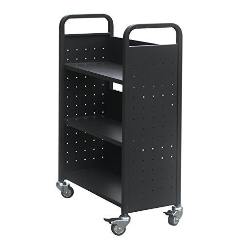 Library Book Carts with 3 Single-sided Book Shelves, Rolling Book Storage Truck with Lockable Wheels 200lbs Capacity (Black)