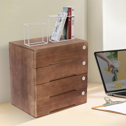 Wooden Desk Organizer, Desktop Storage Box with 4 Lockable Drawers, Countertop Wood Cabinet Office Supplies File Organizer Flat File Cabinet for Office, Study, Dresser, and More(15.75"X11"X15.94")