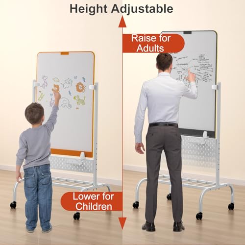 TRUNXUCL Standing Whiteboard Rolling Dry Erase Board on Wheels Magnetic White Board, Adjustable Height(Orange,80x120cm/31.5x47in)