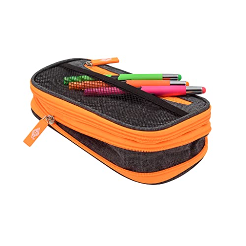 WEDO 24244066 Neon Stretch Pencil Case with Multiple Compartments and Pen Loops with Timetable Grey Neon Orange