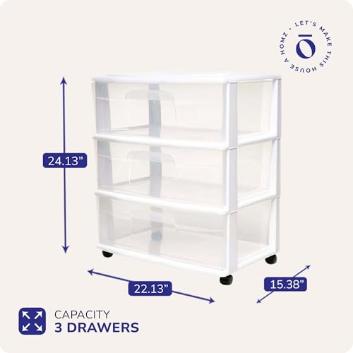 HOMZ Drawer Tower, 3-Tier Storage Cart with Removable Wheels, White Frame