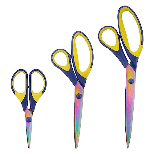 BambooMN Titanium Softgrip Scissors Set for Sewing, Arts, Crafts, Office - Blue w/Yellow - 10 Sets of 3