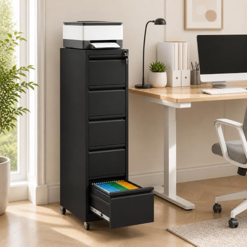 5 Drawer File Cabinet with Wheels ,Metal Mobile Filing Cabinet with Lock