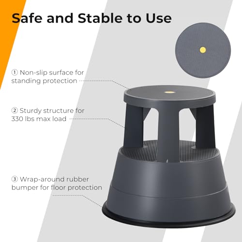 SPORFIT BETTARY Rolling Step Stool with Wheels, Kick Step Stool with 330 LBS Weight Capacity, Kitchen Step Stool with Non Slip Platform for Home Office, Library, Grey, Gray, XDY-550