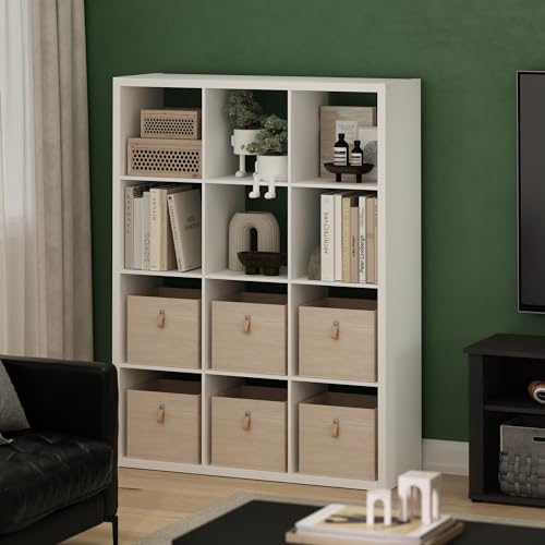 Furinno Cubicle Book Shelf, 12-Cube Bookshelf, Extra Thick Frame Reversible Bookcase with Open Back, 14.6" x 44" x 58", for Living Room, Bedroom, Home Office, White