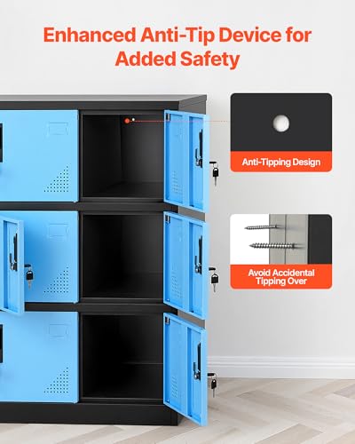 VEVOR 9 Doors Metal Locker for Employees, Steel Locking Storage Cabinet with Card Slot and Ventilation, 2 Keys for Each Door, Employee Lockers for Office, School, Gym, Home, Easy Assembly, Blue&Black
