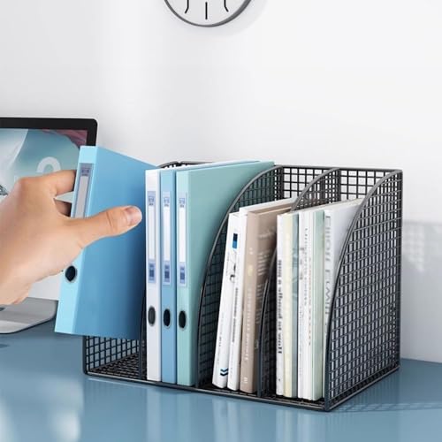 File Rack Desk File Organizer, Metal Mesh Vertical Desktop Holder, 4-Section File Organizer for Office Letter Trays(White)