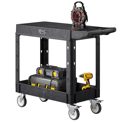 VEVOR Utility Cart, 550 lbs Load Capacity, 31.3 x 17.7-inch Service Cart, Two-Shelf Heavy Duty Plastic Utility Cart with 360° Swivel Wheels (2 with Brakes), Suitable for Warehouse, Garage, Cleaning