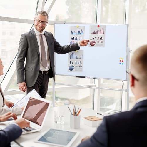 40x28 Inch Reversible Whiteboard Chalkboard on Wheels, Height Adjustable 2-in-1 Rolling Mobile Easel Board for Office Classroom Home Silver 70x100 cm
