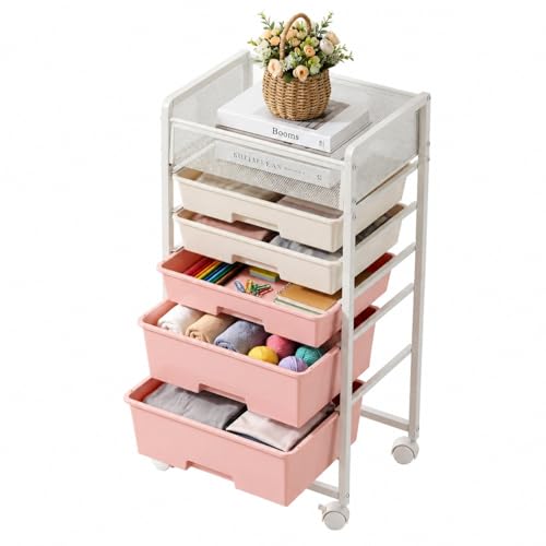 Stylish Rolling Craft Cart with 5 Drawers, Craft Cart with Wheels, Art Cart Organizer and Storage, Rolling Utility Cart with Handles for Organizing Crafts, Yarn, Toys, School Supplies, etc