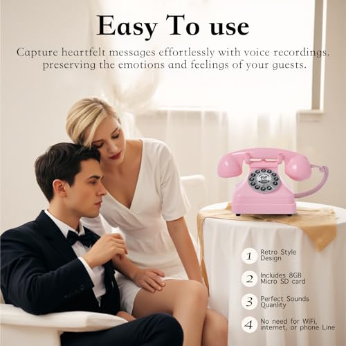 PLIFOEW Audio Guest Book Wedding Phone,Audio Guestbook Phone Vintage Style Audio Message Voicemail for Graduation Retirement Party Birthdays Baby Shower Special Occasions (Pink)