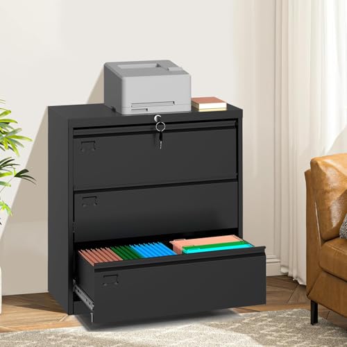 PhoenixCrest 3-Drawer Lateral File Cabinet with Lock, Heavy Duty Metal Filing Cabinet for Letter/Legal/A4 Documents, Home Office Storage, 55lbs Capacity, Easy Assembly
