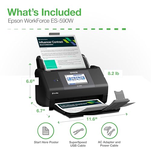 Epson Workforce ES-590W Wireless & USB High-Speed AI & Cloud Ready Desktop Color Duplex Document Scanner for Mac & PC, up to 45 ppm, Large 4.3" Color Touchscreen, 100-Page Auto Document Feeder
