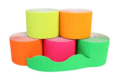 Bright Ideas Fluorescent Corrugated Border Rolls for School Displays Arts and Crafts, 5 Assorted Rolls,10cm x 7.5m, Shocking Pink, Outrageous Orange, Lime Green, Lemon Yellow, Tangy Tangerine. BI7874.