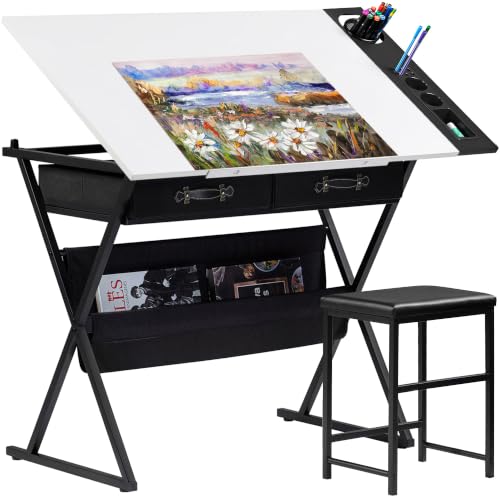 VECELO Drafting Table Art Desk Art Table Adjustable Drawing Table Tilted Tabletop with 2 Storage Drawers and Stool, Drawing Desk for Artist Painters Drawing, Crafting, Reading, Writing, White