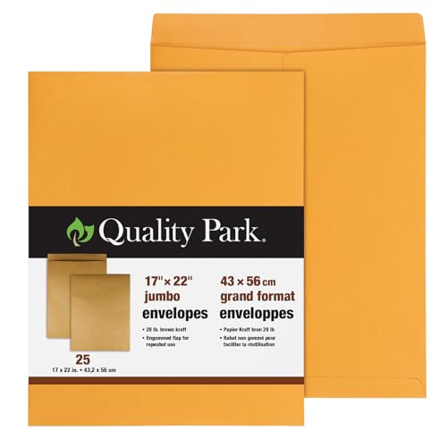 Quality Park Jumbo Kraft Envelopes, 17 x 22, Ungummed Catalog Envelopes for Storing and Organizing, 28 lb Kraft Paper, 25 per Box (QUA42356), Brown Kraft