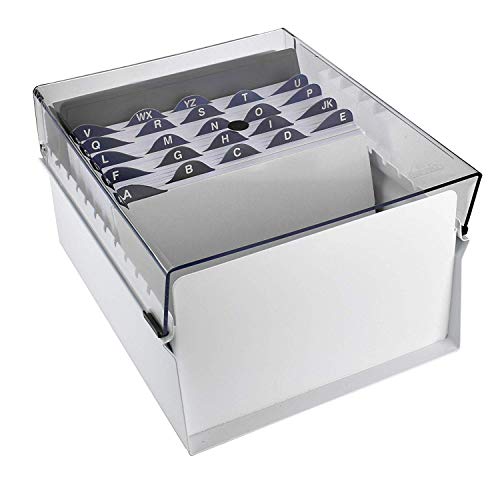Acrimet 5 X 8 Card File Holder Organizer Box Metal Base Heavy Duty (AZ Index Cards and Divider Included) (White Color with Clear Crystal Plastic Lid Cover)