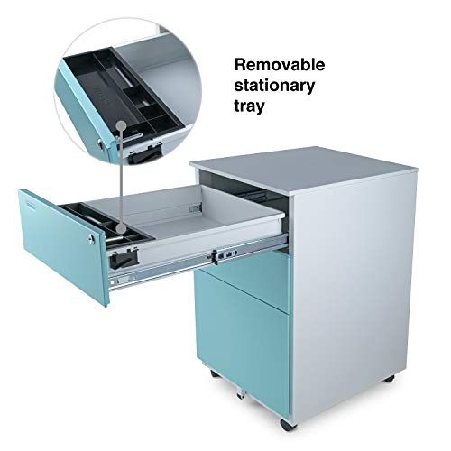 Aurora Mobile File Cabinet 3-Drawer Metal with Lock Key Sliding Drawer, White/Aqua Blue, Fully Assembled, Ready to Use