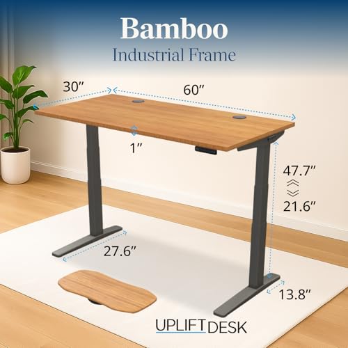UPLIFT DESK Bamboo (60 x 30 inch) Standing Desk 2-Leg V3 Adjustable Stand Up C-Frame (Indus.), Advanced Keypad, Wire Grommets, Wire Tray, Rocker Board