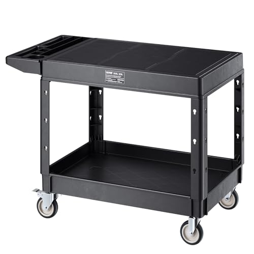 VEVOR Utility Cart, 550 lbs Load Capacity, 37 x 25.4-inch Service Cart, Two-Shelf Heavy Duty Plastic Utility Cart with 360° Swivel Wheels (2 with Brakes), Suitable for Warehouse, Garage, Cleaning