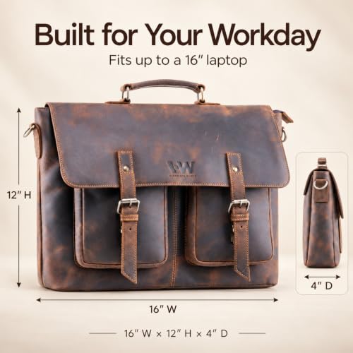 Handmade World Full Grain Leather Messenger Laptop Bag 'The Optimus' Buffalo Leather Briefcase For Men Fits Up To 16 Inch Computer Satchel Crossbody for Office Work Business