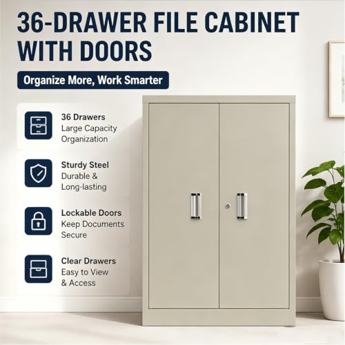 JARYANNIX File Cabinet with Label Transparent Drawers 36 Small Drawers Document Filing Steel Storage Organizer with Lockable Door for Small Parts Office Business Use