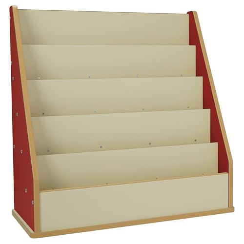 Factory Direct Partners Laminate Book Display Stand, 5-Shelf Storage for Kid Books and Magazines, Children's Furniture for Bedroom, Playroom, Daycare, Preschool or Classroom -Almond/Red, 13884-ALRD