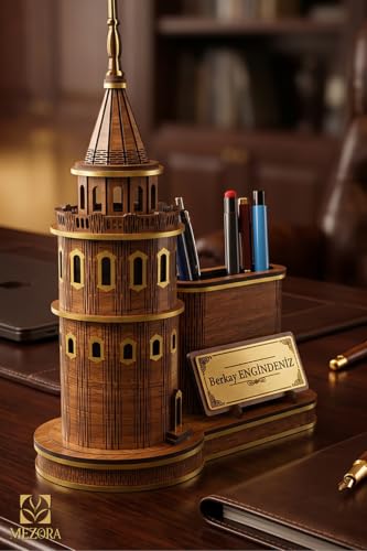 Personalized Walnut Galata Tower Desk Nameplate with Pen Holder | Wood Office Decor | Custom Engraved Gift for Professionals | Unique Desktop Organizer - Brown