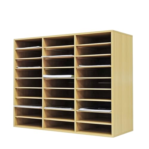 FixtureDisplays® 29.5 X 23.6 X 11.2" Wood Adjustable Literature Organizer, 27 Compartment Mailslot Organizer, Removable Shelves, Stackable 18818-OAK